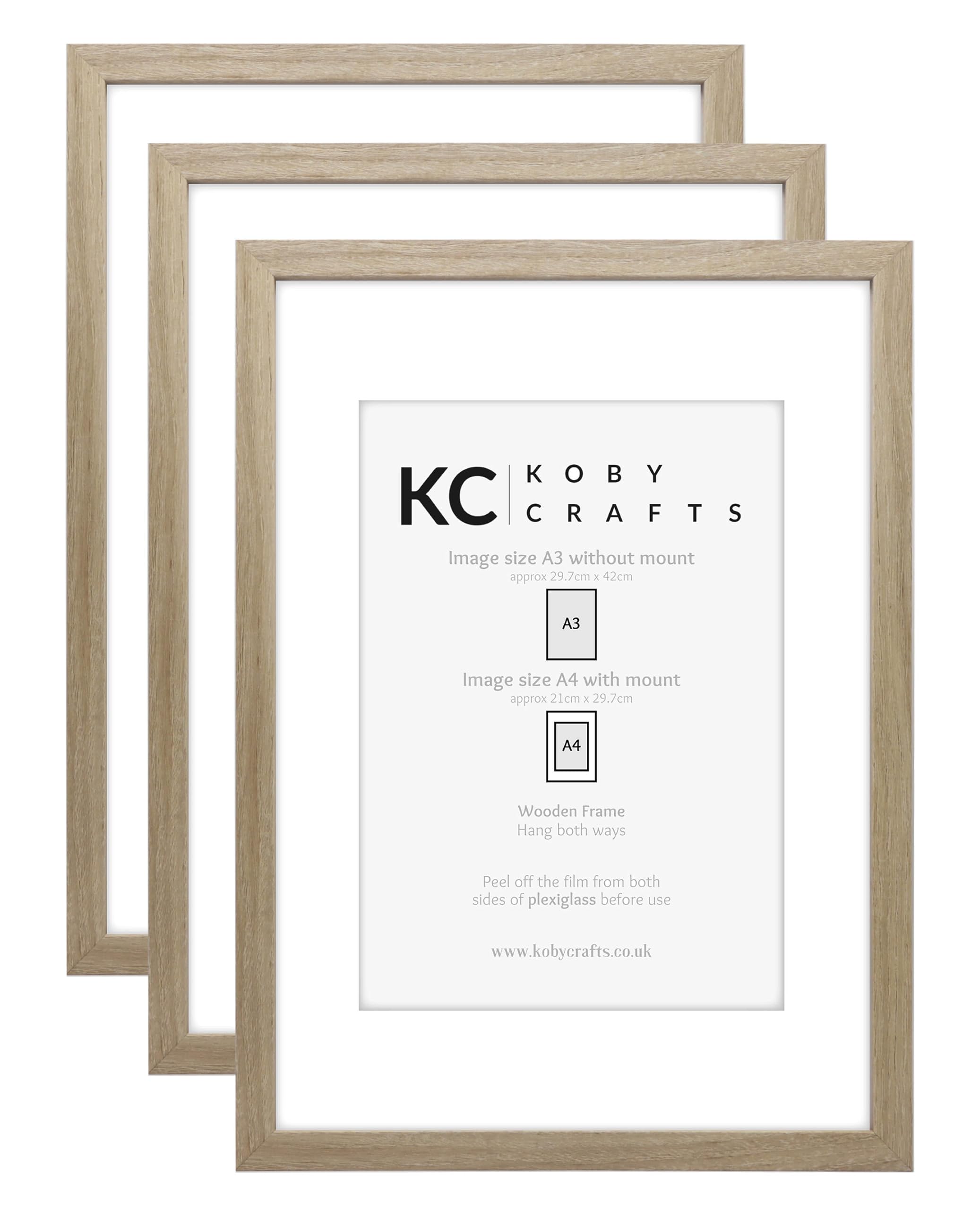 Koby Crafts Pack of 3 Wood Effect Picture Frames for A4 or A3 Images | 3 Pack A3 Wooden Photo Frames | Hang Portrait/Landscape | A3 Posters Certificates with A4 Image Mount — image 1