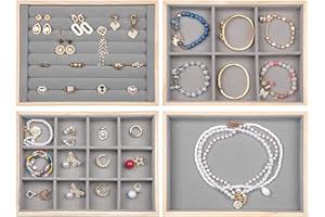 coobest Stackable Jewelry Tray Organizer, Set of 4 Wooden Jewelry Storage Holder for Drawer Inserts, Jewellery Display Case Box for Earring Necklace Rings Bracelet w/Removable Dividers (Grey)