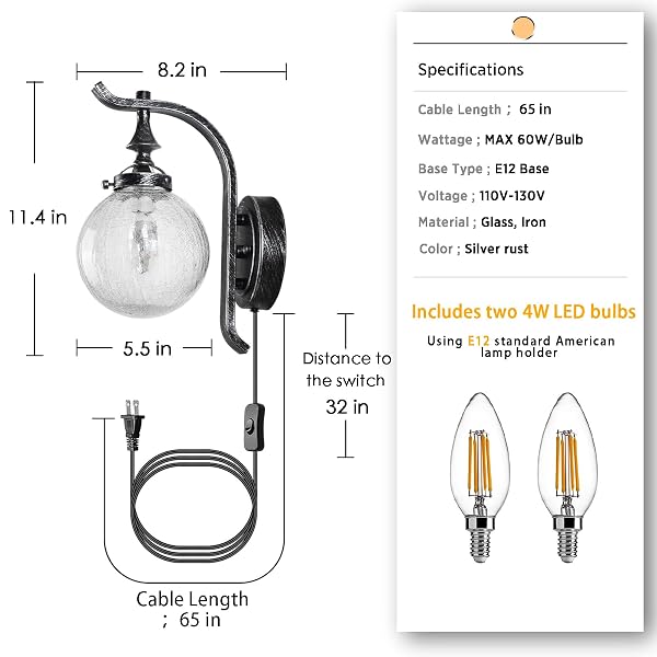 MGCANYU GLOBE GLASS WALL SCONCE SET OF 2, FARMHOUSE VINTAGE PLUG IN WALL LIGHT FIXTURES RUSTIC INDUSTRIAL WALL LIGHTS FOR BEDROOM BATHROOM HALLWAY