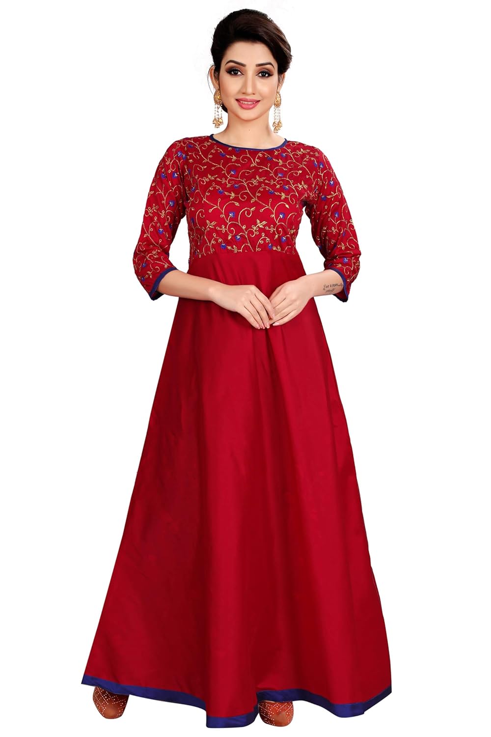 spangel fashion red silk embroderied design women's anarkali gown dress