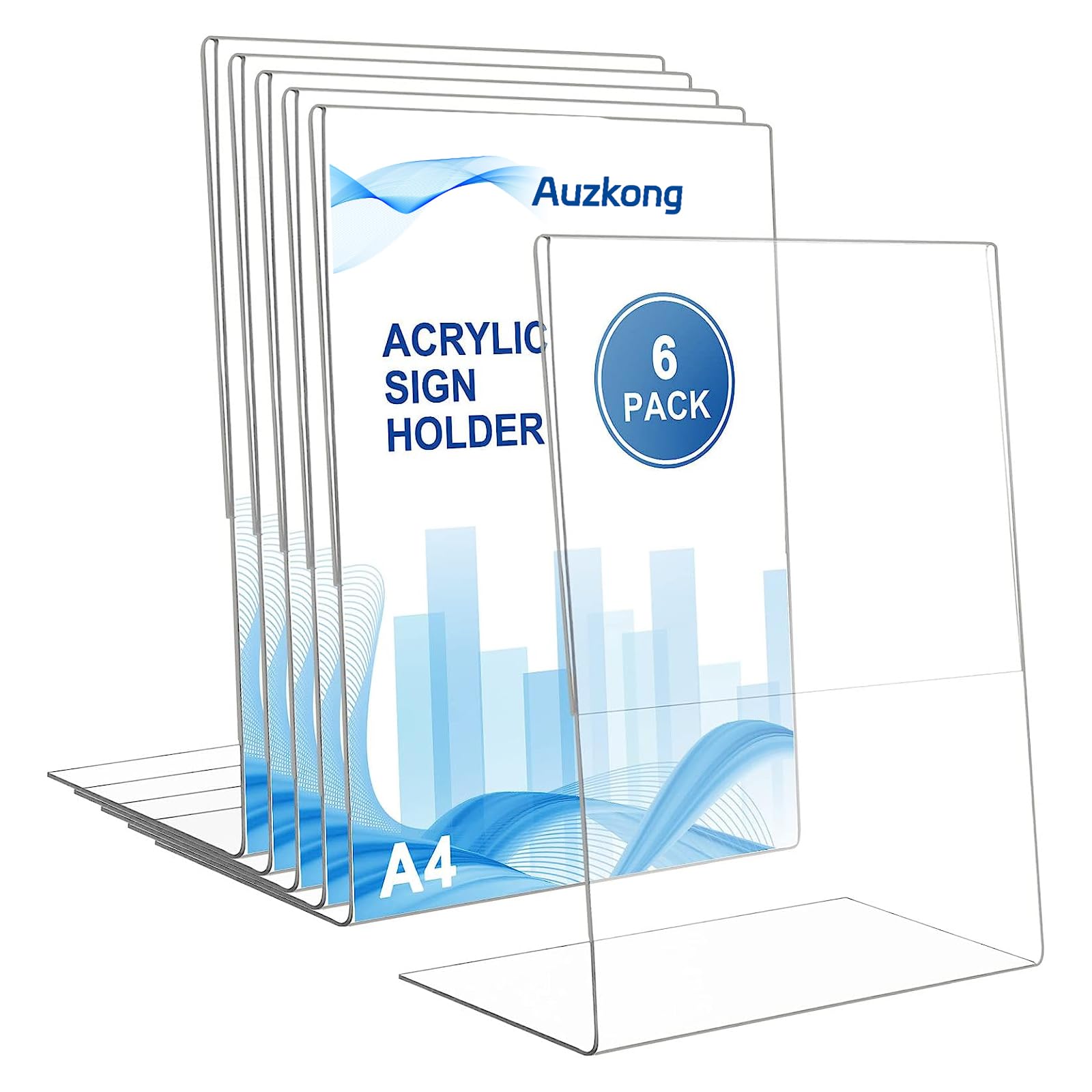 Auzkong 6 Pack A4 Sign Holders, Acrylic Slant Sign Holders, Clear Plastic Display Stand, Acrylic Paper Signs Holder Photo Frame for Restaurants Hotels Menu Stores Office (A4-6 Pack)