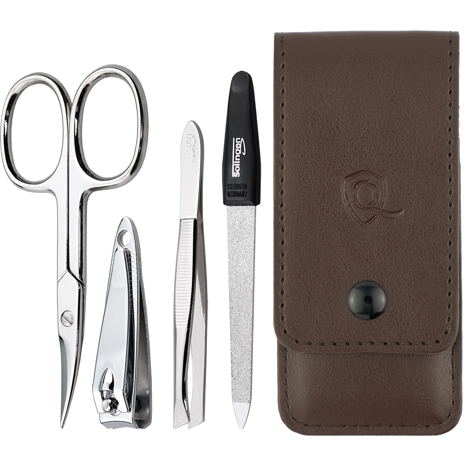 Solingen Manicure Set for Women and Men - 4-Piece Nail Kit, comprising sharp scissors, tweezers, nailclippers, and sapphire nailfile - Ideal for travelling, brown