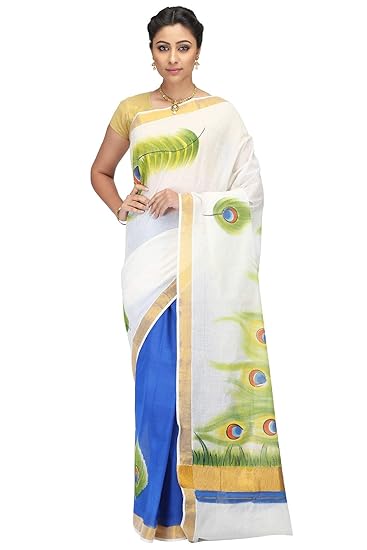 Hand Painted & Handloom Pure Kerala Cotton White Sari (2276)