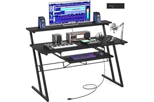 Armocity Music Studio Desk Production Workstation - Recording Studio Desk for Producer with Power Outlet, Studio Workstation for Music Recording, Home Studio Table Desk, Black