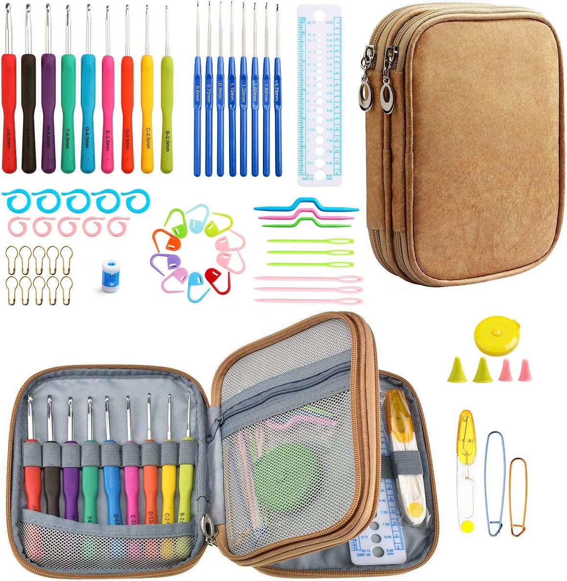 Looen Crochet Hooks Set-Yarn Needles Coloured Aluminum with Storage Case Rubbery Handle Ergonomic Comfort Grip DIY Craft Handmake Kit 47pcs