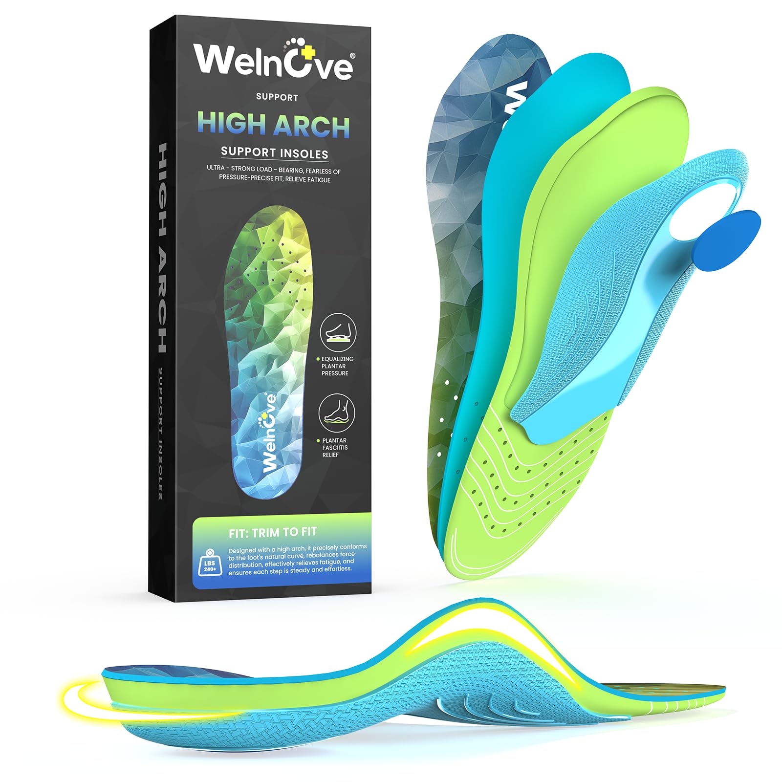 Photo 1 of High Arch Support Insoles for Plantar Fasciitis - HSA Eligible FSA Insoles - Welnove Comfort Work Boot Insoles - Orthotic Shoe Inserts for Men Women Flat Feet Pain (M, Green)