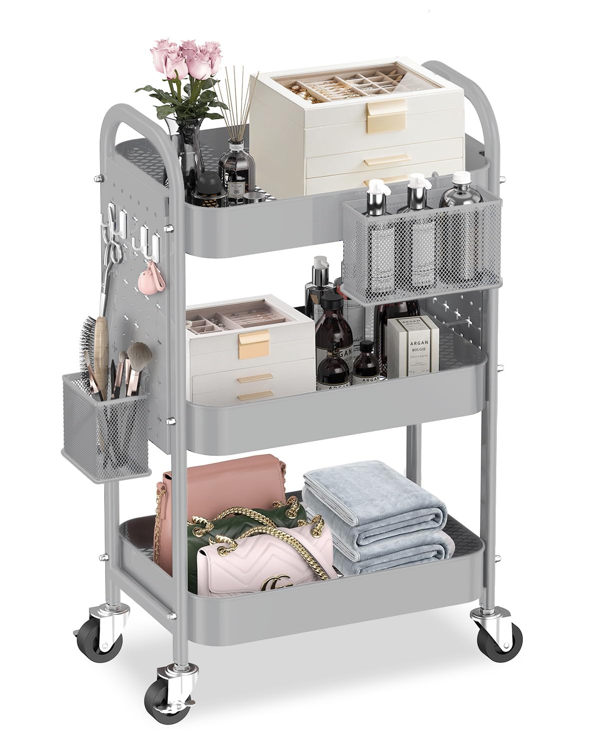ALVOROG 3 Tier Rolling Cart with DIY Pegboards Metal Utility Cart with ...