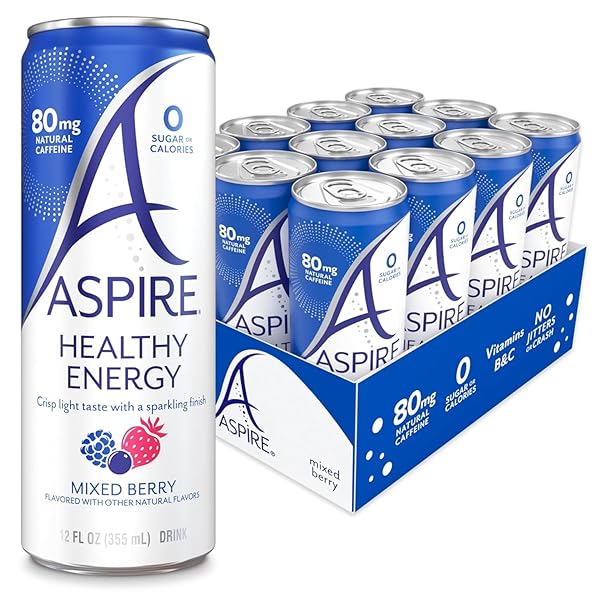 ASPIRE HEALTHY ENERGY DRINK, MIXED BERRY, ZERO SUGAR OR CALORIES, VEGAN, KOSHER, KETO FRIENDLY, GLUTEN FREE, 12 FLUID OUNCE (PACK OF 12)