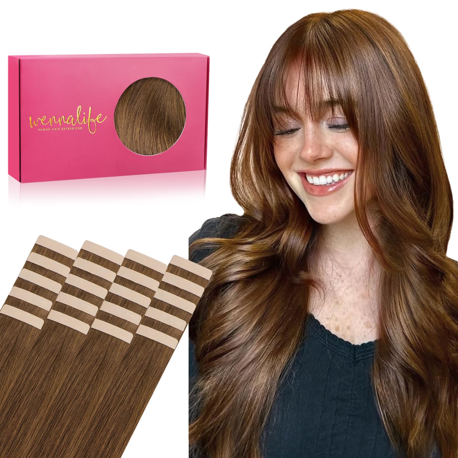 WENNALIFE Tape-in Hair Extensions - 20pcs 14 inch Light Auburn Brown Real Human Remy Straight Tape Hair Extensions