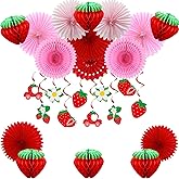Strawberry Party Decorations Red Pink White Tissue Pom Poms Fans Honeycomb Balls,Spiral Hanging Cards, for 1st Birthday Bridal Baby Shower Classroom Girls Party Supplies