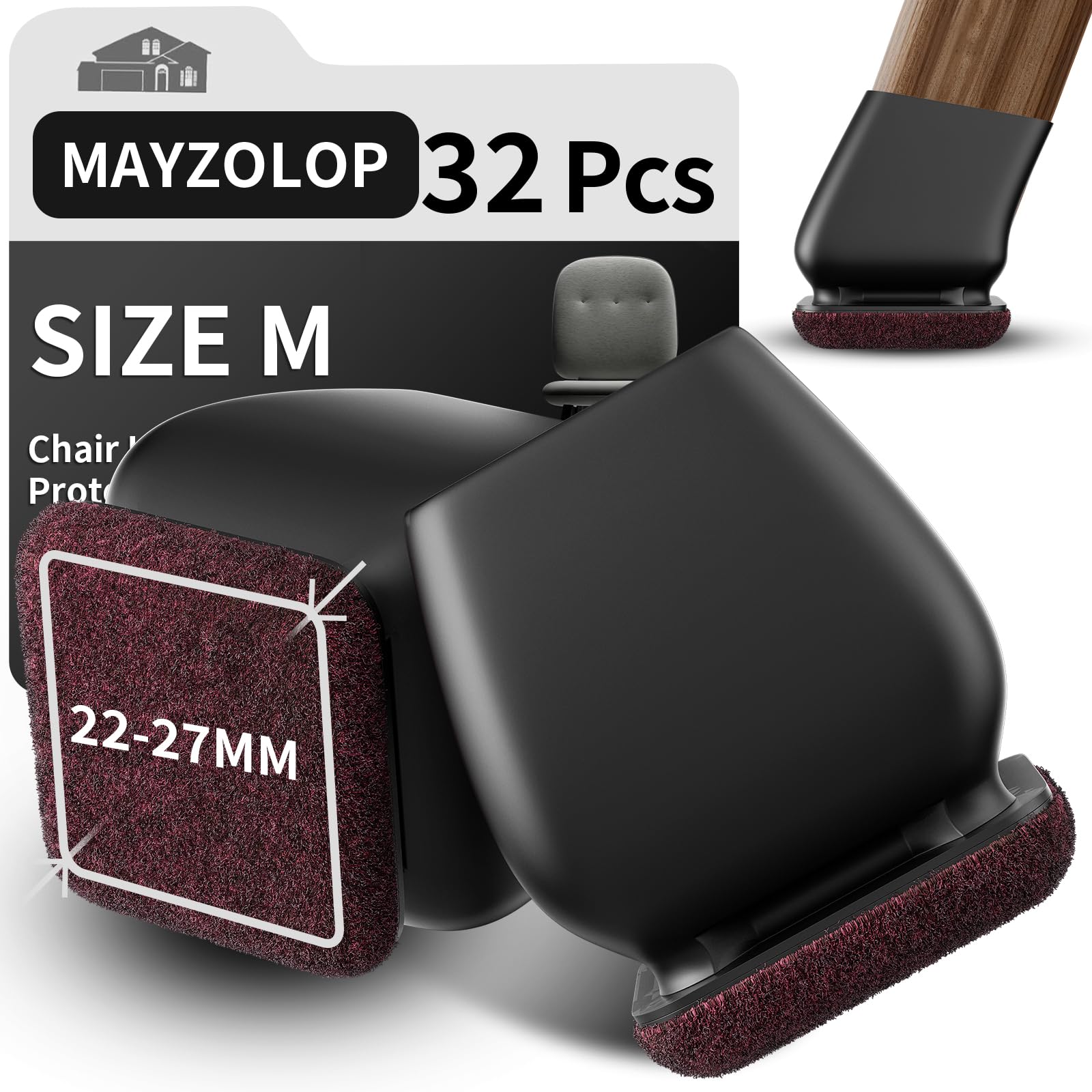 MAYZOLOP 32PCS Chair Leg Floor Protectors, 1inch Black Chair Leg Caps for Tilt Chair Legs, Hardwood Floor Protectors for Furniture Legs with Felt Pads Sliders,No Scratches No Noise