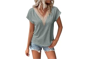 TXXEOSS Womens Lace Tops Lace Crochet Trim V Neck Short Rolled Sleeve Summer Tops Shirts Casual Trendy Blouse Tunic Tshirts