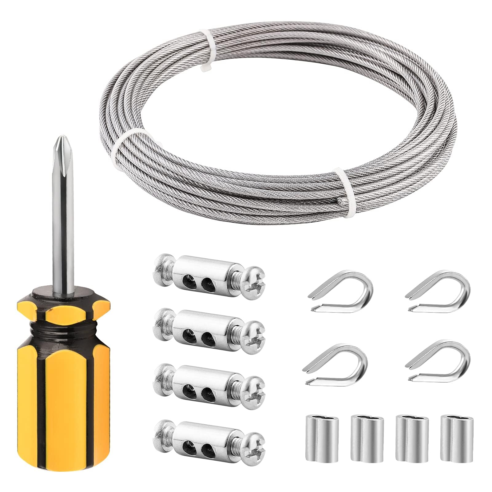 TooTaci 3mm Wire Rope Kit, 10M PVC Coated Stainless Steel Cable, Indoor Curtain Wire with M3 Thimbles, Crimp Sleeves & Carbon Steel Clamps, Ideal for Picture Hanging and Indoor Light Suspension