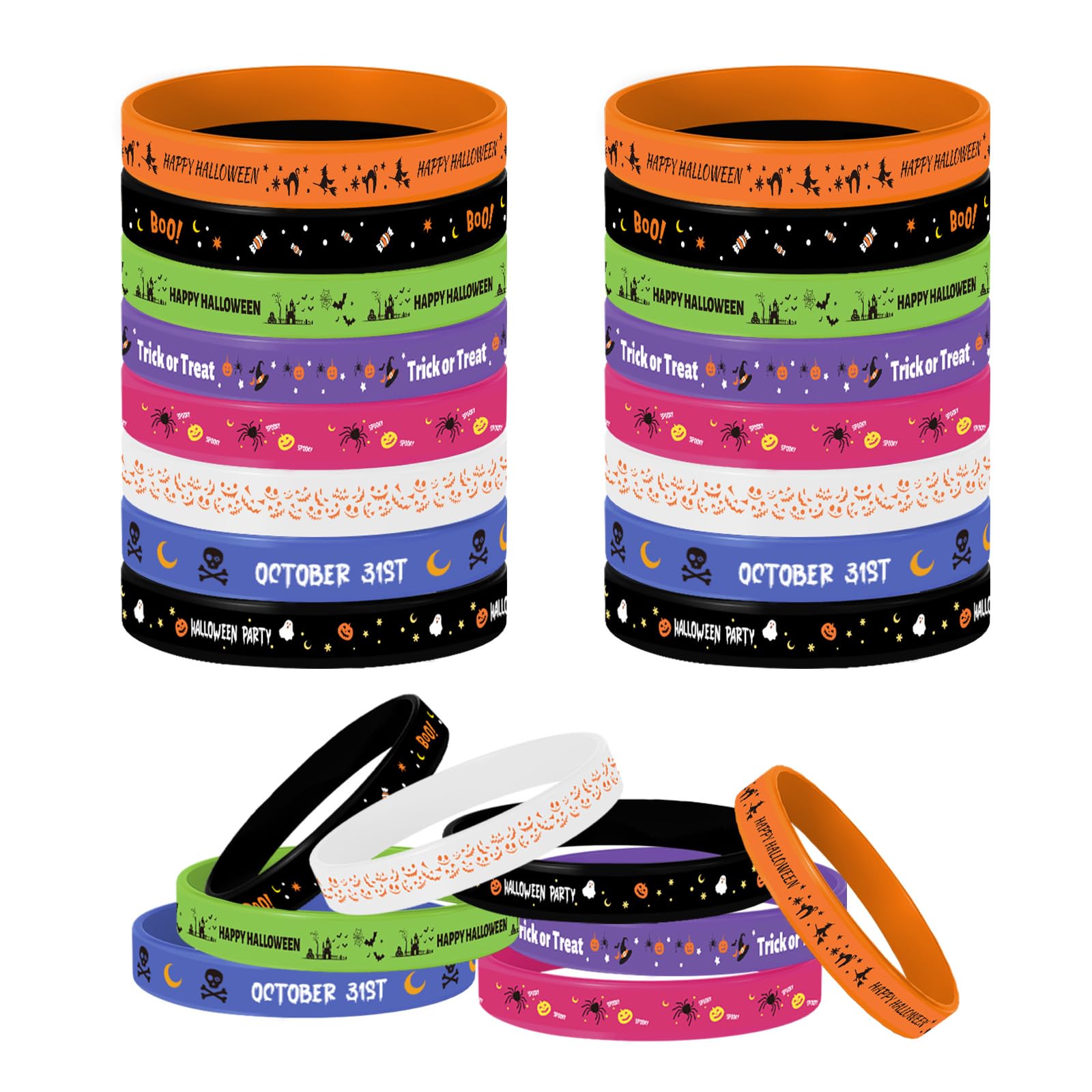 MATEPLUS 24Pcs Halloween Party Favors Rubber Bracelets Halloween Silicone Wristbands Treat Trick or Treat Gifts Goodie Bag Stuffers (8 Designs)