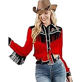 JOHN MOON Womens Fringe Western Long Sleeve Shirts Floral Embroidered Cowgirl Button Down Shacket Blouse Country Rodeo Outfit