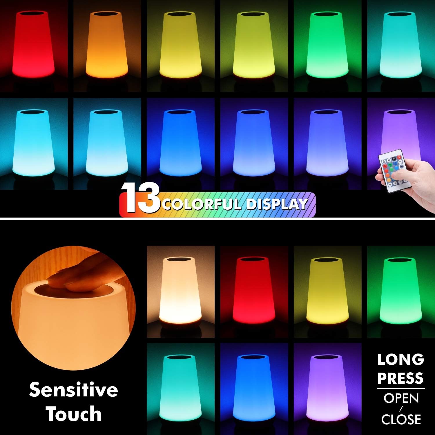 Biilaflor Touch Lamp, Portable Table Sensor Control Bedside Lamps with Quick USB Charging Port, 5 Level Dimmable Warm White Light & 13 Color Changing RGB for Bedroom/Office/Hallways - - 