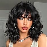 Aokiya Short Black Bob Wigs for Women Curly Hair Wig with Bangs Shoulder Length Style Synthetic Realistic Heat Resistant Wig for Everyday Hairstyle 16 Inch