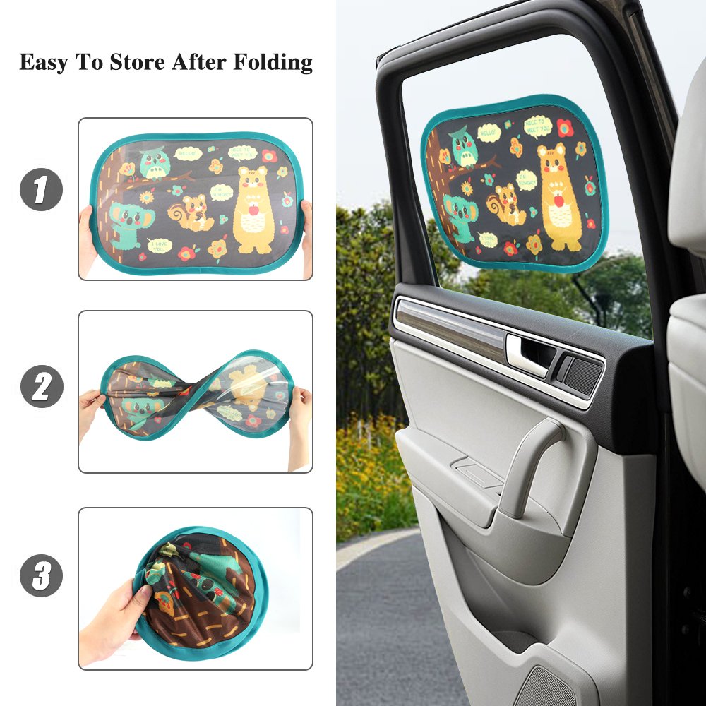 Auto Sonnenschutz Kinder,2 Stück Selbsthaftende Baby Sonnenblende Auto Waldparty Design Sonnenschutz mit uv Schutz vor Hitze & UV Strahlen für Auto Seitenscheiben
