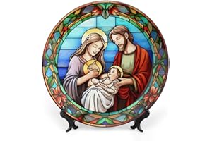 Gokays Holly Family Decorative Plates Christmas Home Decor, Stained Glass Style Ceramic Plates Display for Living Room, Kitchen, Hallway Console Side Table, Xmas Present, 10 Inch