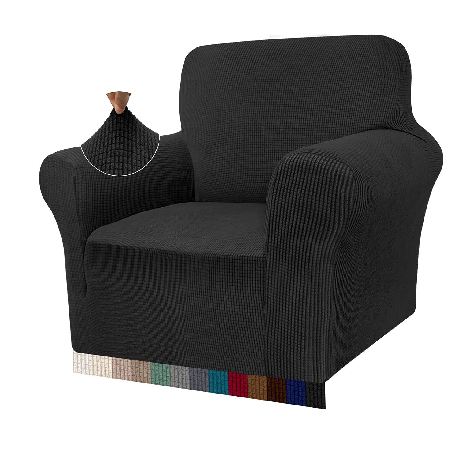 Granbest High Stretch Armchair Covers Super Soft Chair Covers for Living Room Jacquard Sofa Cover for Dogs Non Slip Chair Slipcover with Arms Furniture Protector (1 Seater, Black)