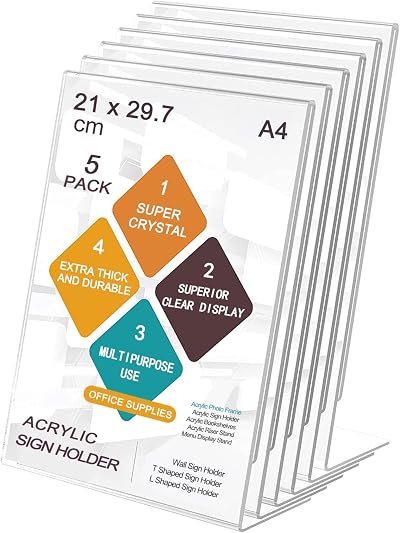 ROSSHINE A4 Acrylic Sign Holder 5 Pack L-Shape Clear Perspex Display Stand