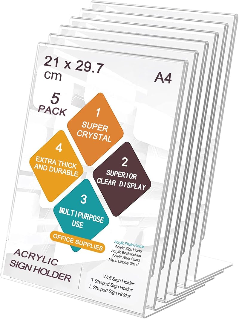 ROSSHINE A4 Acrylic Sign Holder 5 Pack L-Shape Clear Perspex Display Stand