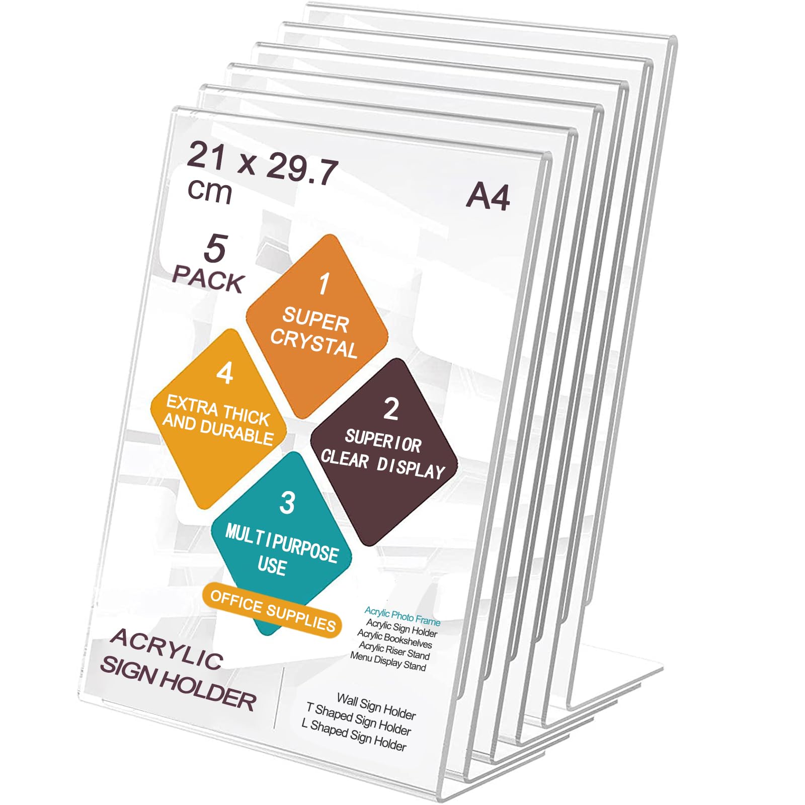ROSSHINE A4 Acrylic Sign Holder, 5pack L-Shape A4 Perspex Display Stand, Clear Poster Menu Holders for Office School Shop Restaurant