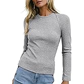Sidefeel Long Sleeve Shirts for Women 2026 Spring Outfits Crewneck Ribbed Knit Slim Fitted Going Out Tops Casual Basic Tees