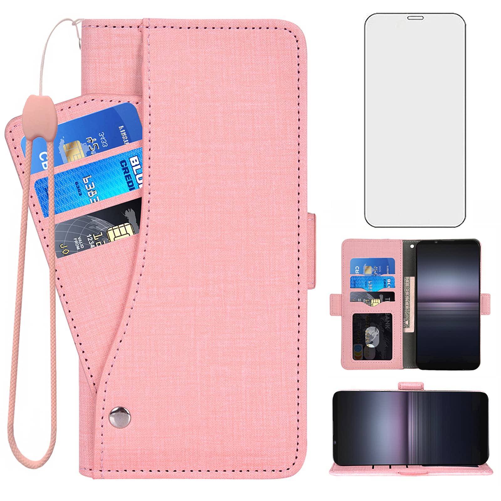 Asuwish Compatible with Sony Xperia 1 II/Experia 1II 5G Wallet Case and Tempered Glass Screen Protector Flip Cover Card Holder Cell Phone Cases for Experia1ii XQ-AT52 XQ-AT51 XQ-AT42 Women Men Pink