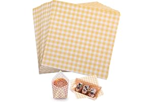 KIKISML 200 PCS Checkered Waxed Deli Paper Sheets 7 * 7 Inch, Food-grade Greaseproof Paper Food Basket Liners for Sandwiches, Burgers, Fries Wrapping for Party, Festival and Outdoors - Yellow