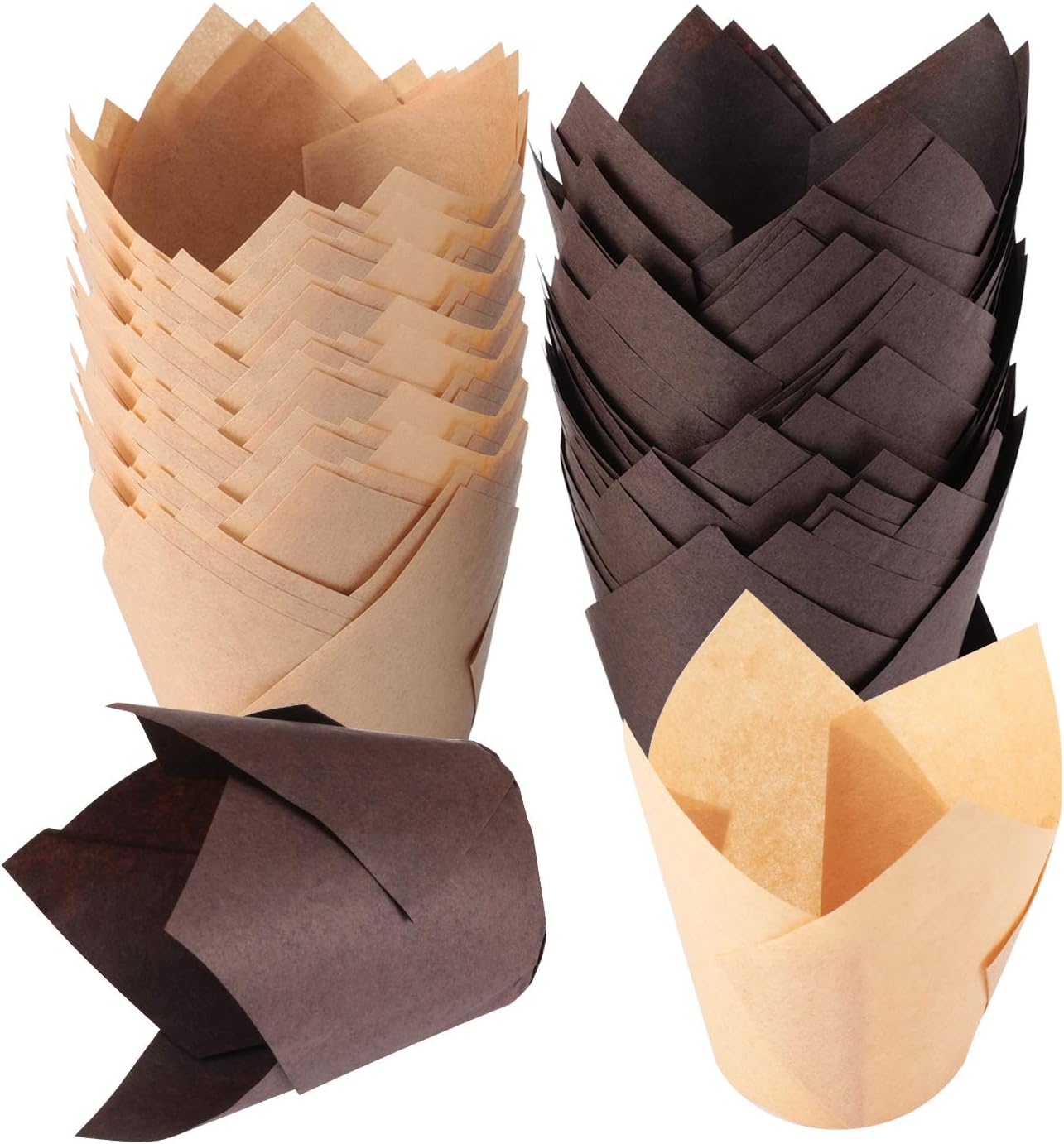 TRUSBER Baking Cups, 200 pieces Tulip Cupcake Liners Baking Cup Holders and Muffin Baking Cups for Wedding, Birthday, Christmas, Baby Shower Parties, Brown and Nature color