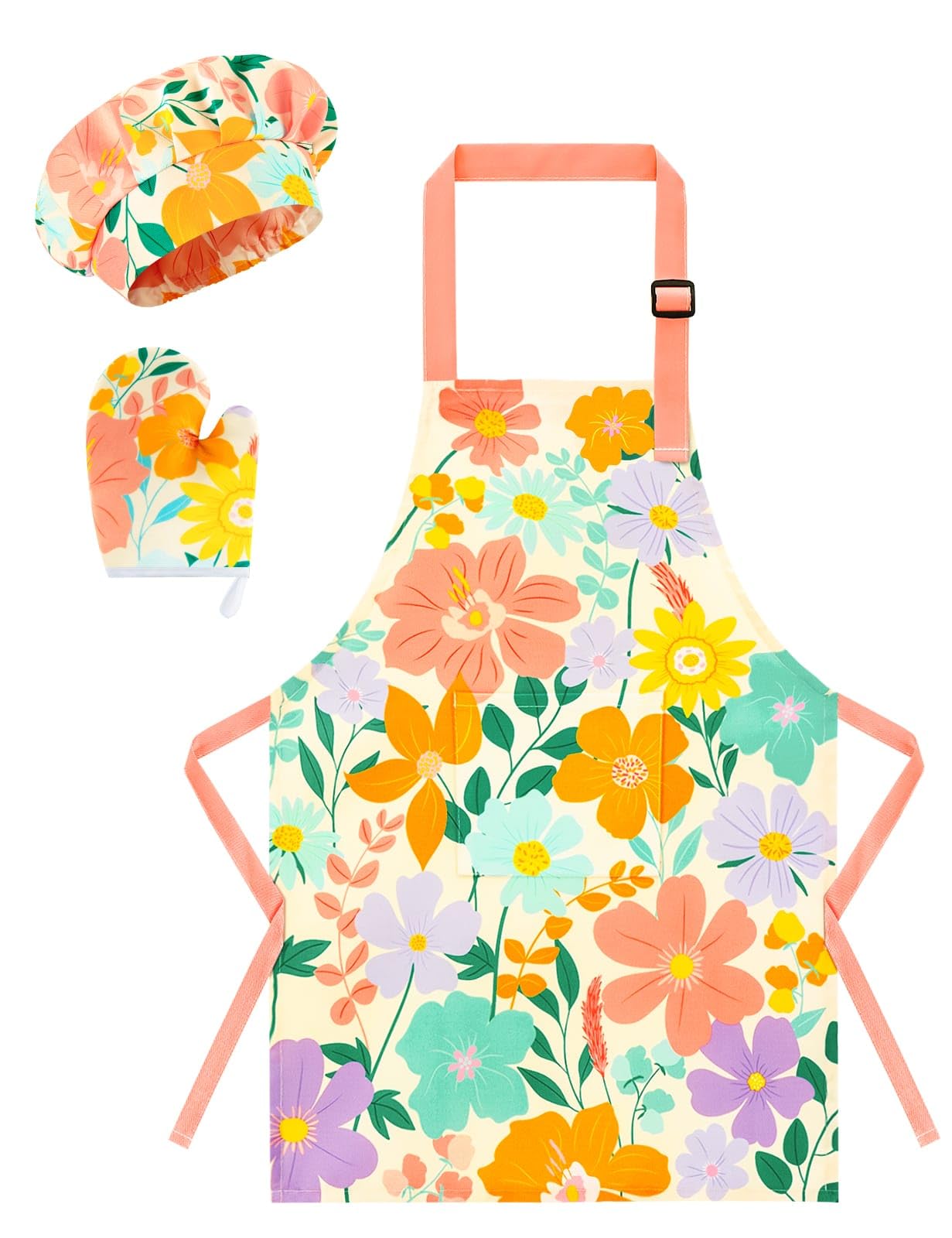 WERNNSAI Floral Kids Apron Set for Girls - Art Apron for Kids Waterproof Toddler Chef Cooking Aprons with Hat Oven Mittens Baking Painting Gardening Aprons Kitchen Classroom Art Smock Age 6-10 Years