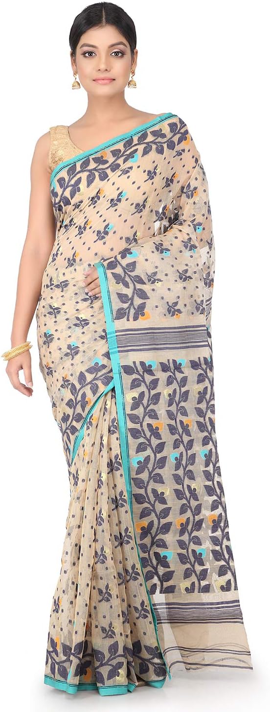 PinkLoom Women's Jamdani Pure Cotton Saree With Blouse Piece (MUSJ88SKY_Beige)