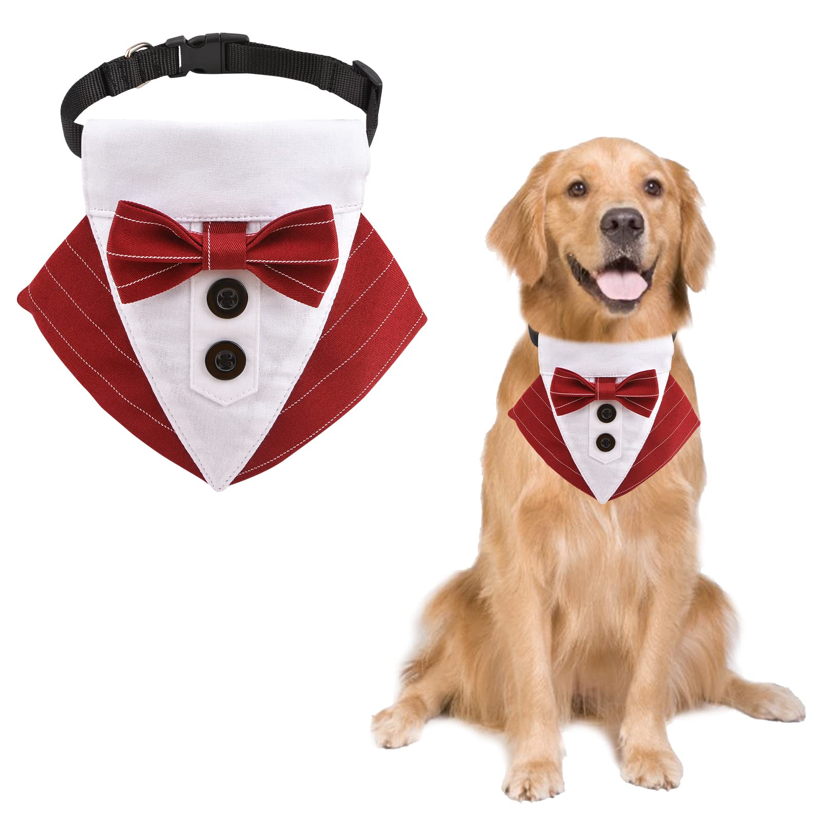 URROMA 1 Piece Formal Dog Bandana, Red Striped Dog Wedding Collar with Bow Adjustable Red Pet Clothing Bow Necklace, Suitable for Large Dogs and Cats, L