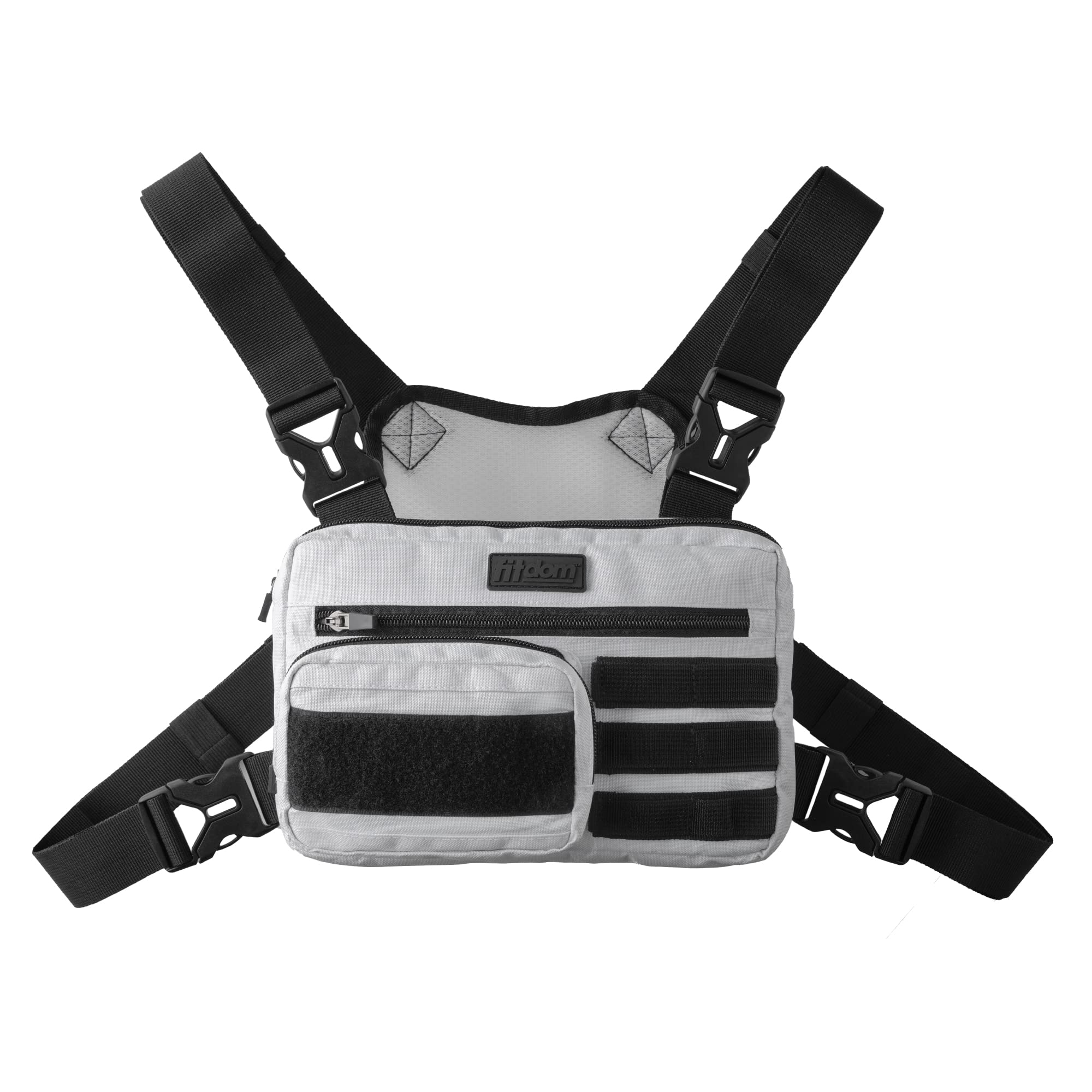 Fitdom Tactical Inspired Sports Utility Chest Pack. Chest Bag for Men with Built-in Phone Holder. This EDC Rig Pouch Vest is Perfect for Workouts, Cycling & Hiking (Rig Fit, White)