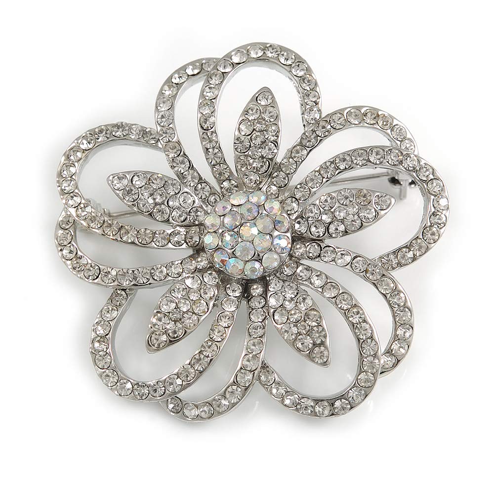 Statement Clear & AB Austrian Crystal Flower Brooch In Rhodium Plating - 40mm Diameter
