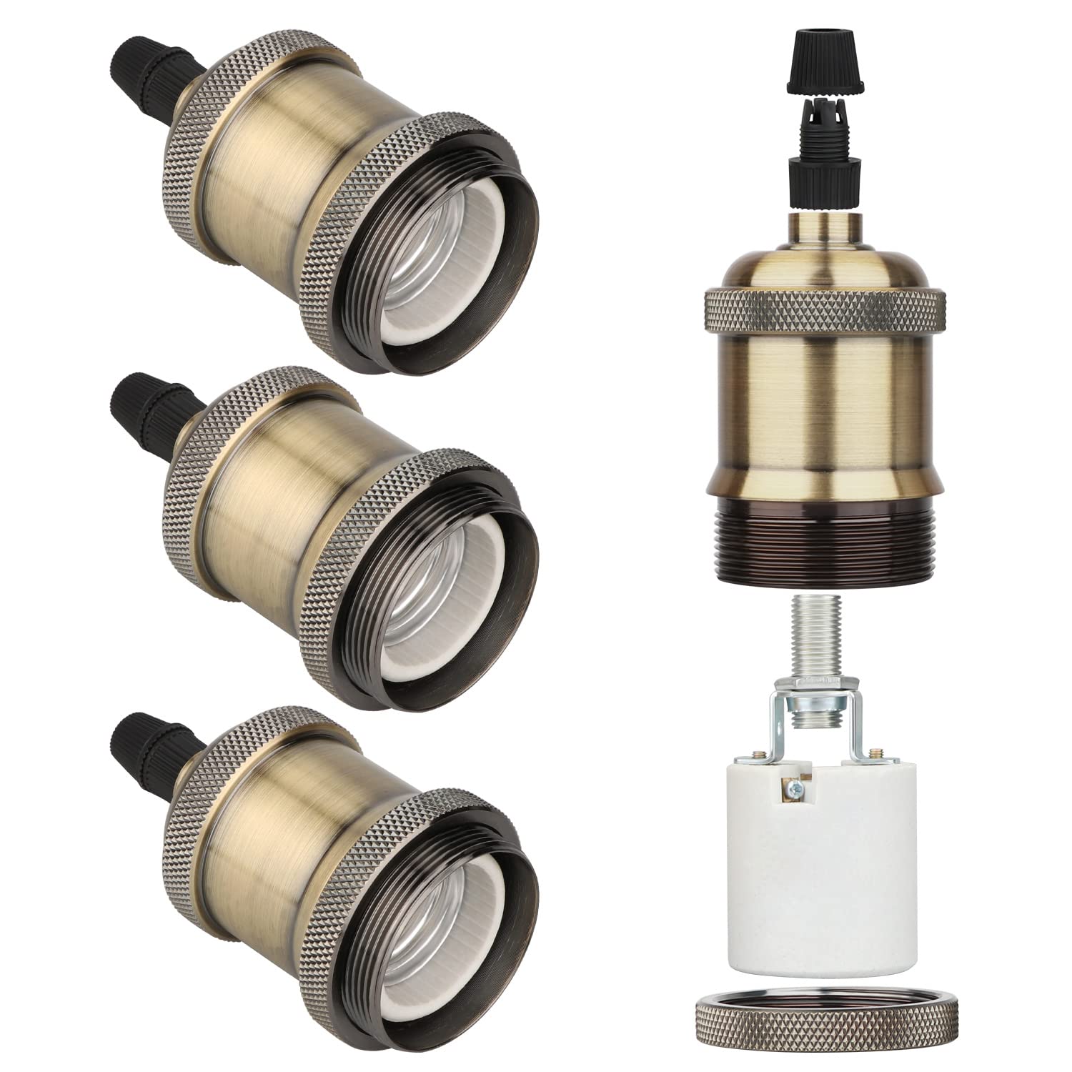 Zevnico E27 Lamp Holder, 4 Pcs E27 Bulb Holder, Bronze Vintage Socket Light Bulb Holder, Ceramic Rated 4A 250V, for DIY Pendant Lamp Ceiling Hanging Light Retro Style Edison Screw Bulb Holder Adaptor