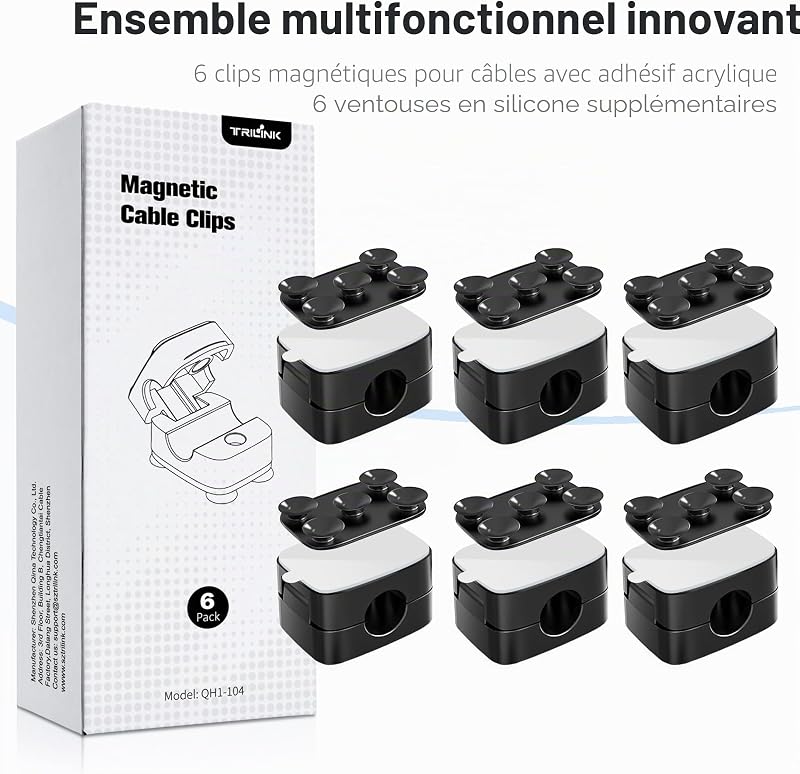 6 Pcs clips câble magnétiques avec 6 ventouses en silicone pour cable management | Support et organisateur de câbles, accroche câble adhésif pour la maison, le bureau, la voiture, et la table de nuit