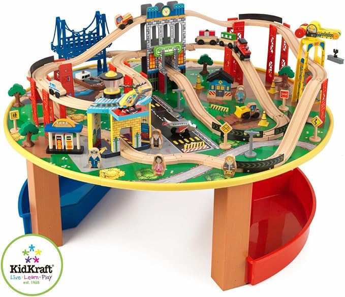 Tavolo Attività Per Bambini Con Treno E Binari - 80 Pezzi In Legno - Piano Reversibile - Blu - Foto 10