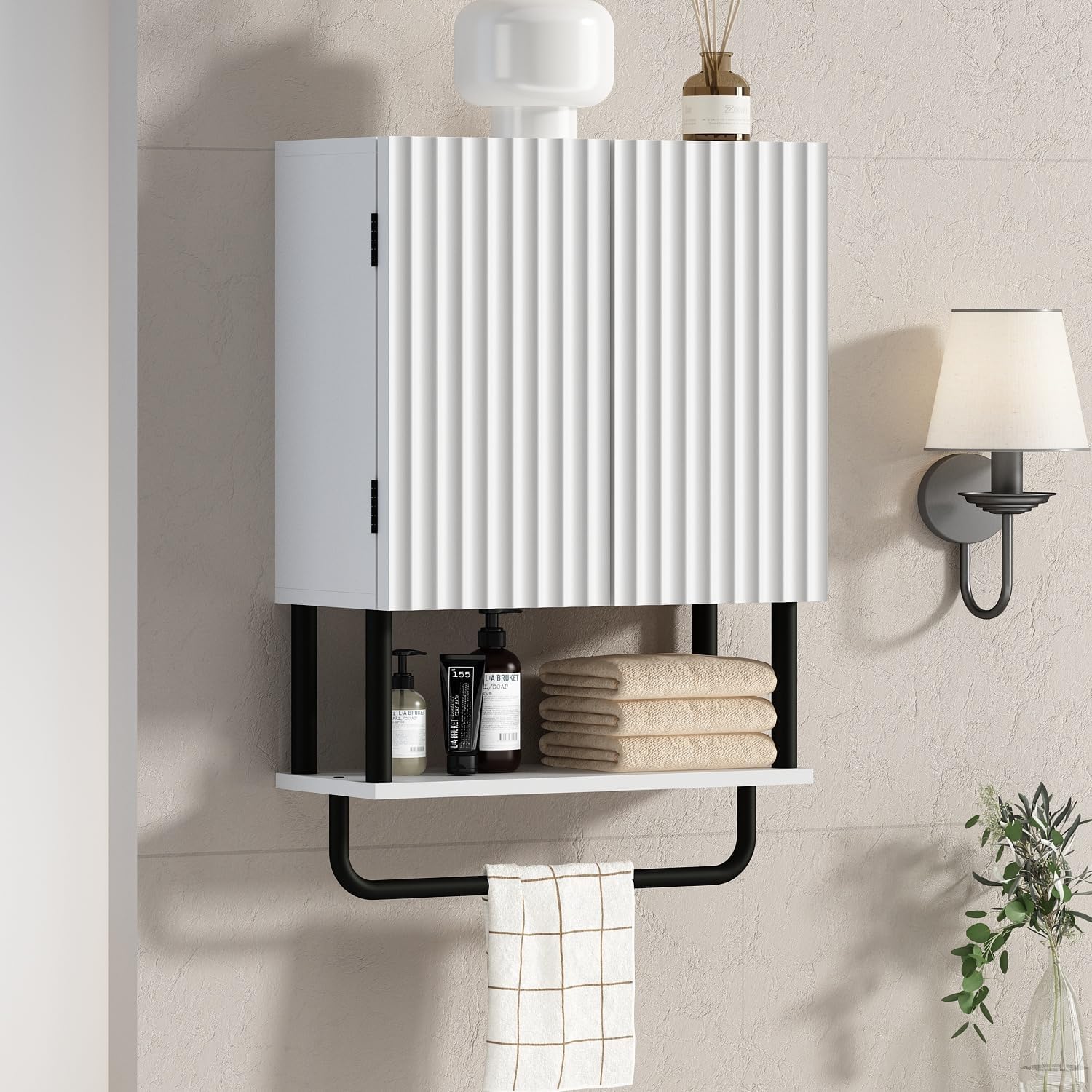 Photo 1 of RUSTOWN Fluted Bathroom Wall Cabinet with 2 Doors, 3-Tier Modern Farmhouse Medicine Cabinet, Over The Toilet Storage Cabinet with Adjustable Shelf and Towel Bar(White, Small)