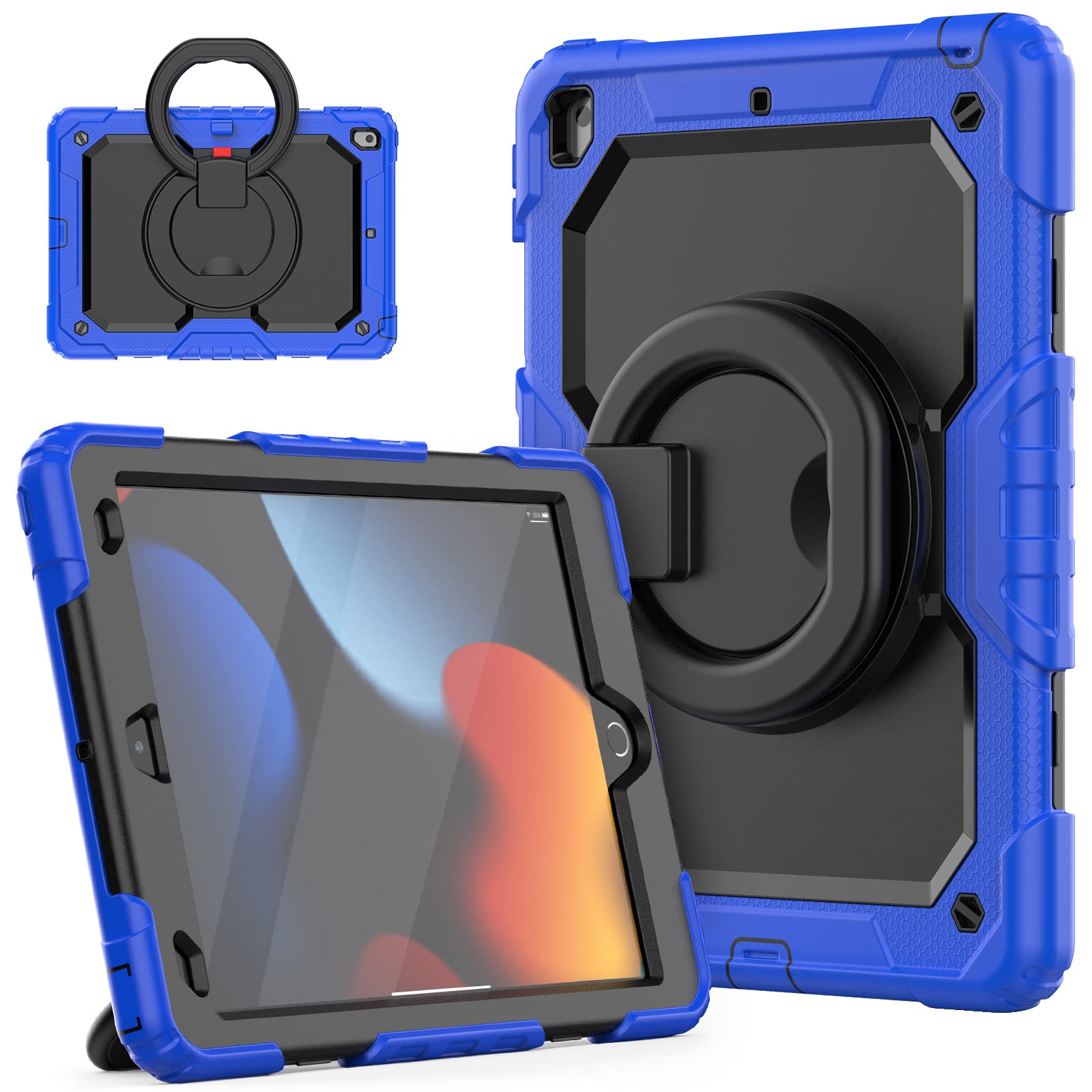 HUEZOE iPad Case 10.2 Inch 2021/2020/2019 Shockproof Full Body Protective Cover with 360 Degree Rotating Stand Shoulder Strap for iPad 9/8/7, Blue