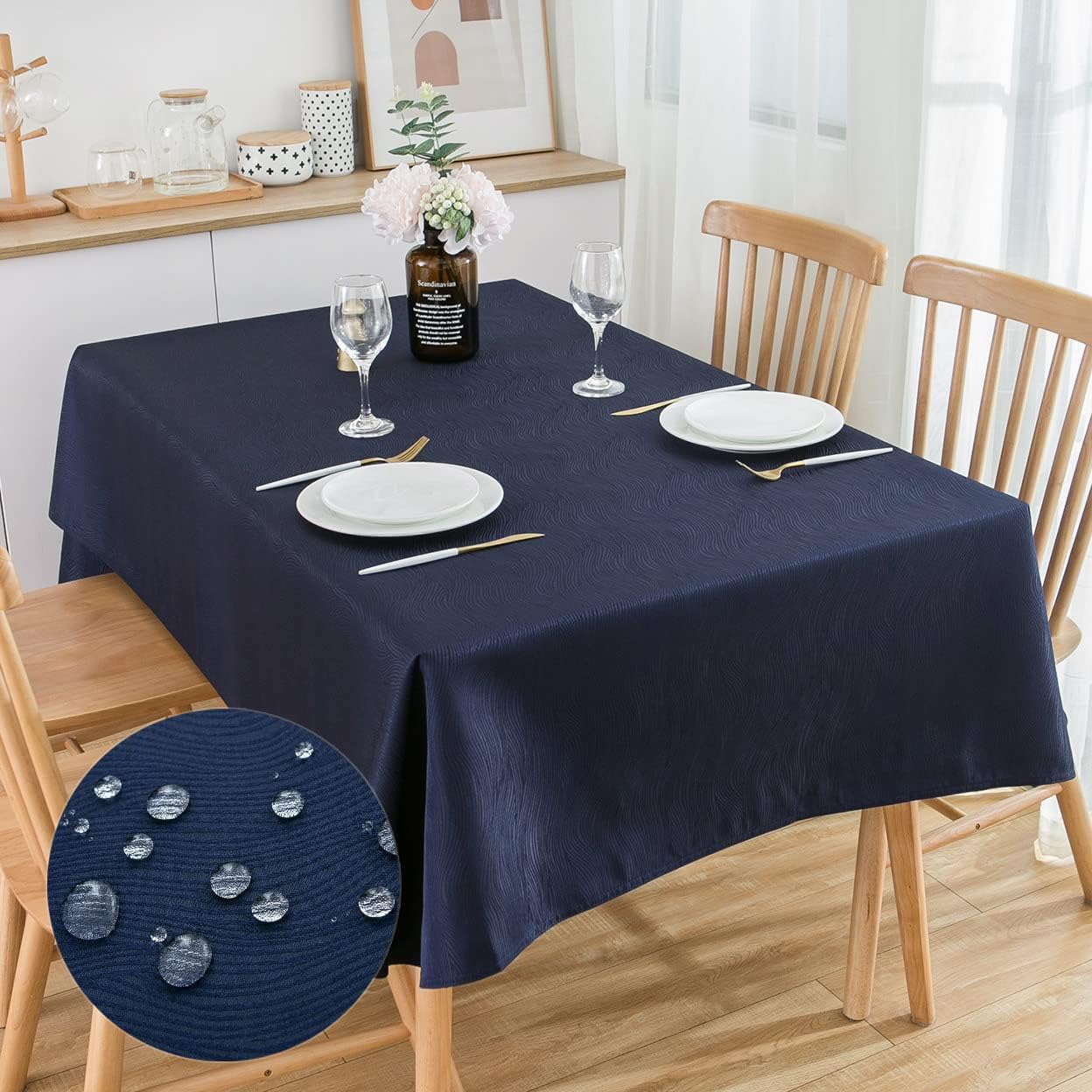 SPRICA Jacquard Tablecloth Water Resistance Solid Colour Heavy Weight Soft Table Cover, Machine Washable, Rectangle 300x150cm, Navy Blue