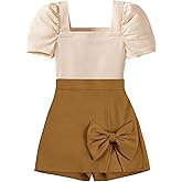 Hilinker Girl's 2 Piece Outfits Puff Sleeve Square Neck Top and Mini Skort Sets