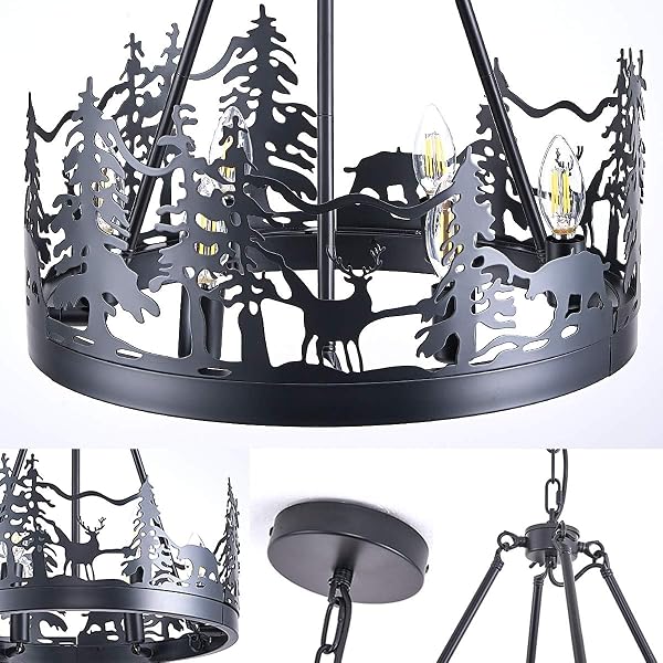 TELAFLY 6-LIGHT WAGON WHEEL CHANDELIER,FARMHOUSE BLACK CHANDELIER DINING ROOM LIGHT FIXTURE,ROUND INDUSTRIAL VINTAGE KITCHEN ISLAND PENDANT LIGHT FOR LIVING ROOM ENTRYWAY FOYER