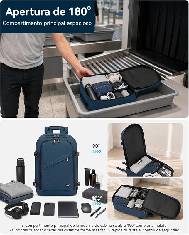 Mochila de viagem 40x20x25, uma mochila de cabine masculina que serve como bagagem de mão, com abertura de 180°, alça de bagagem e traseira respirável (azul) — foto 7 de 7
