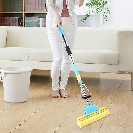 Flyngo Absorbent Professional Double Roller Sponge Foam Cleaner and Squeeze Mop with Squeezing Technology and Adjustable Handle Up to 4ft for All Surface (Color May Vary)