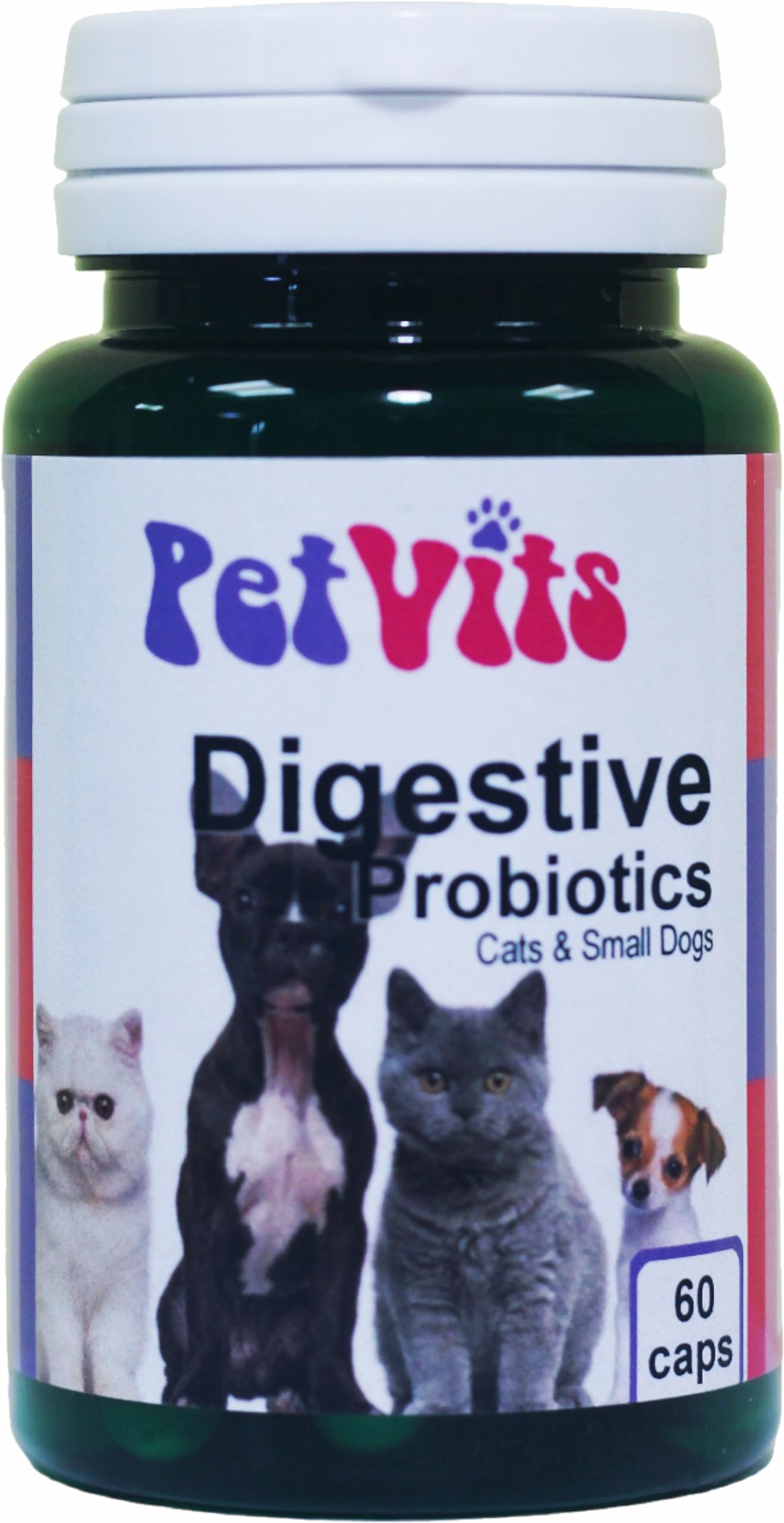 PetVits Digestive Probiotics for Cats and Small Dogs : Digestive Health Pet Supplement : 60 Capsules, in a 99% recycled pot