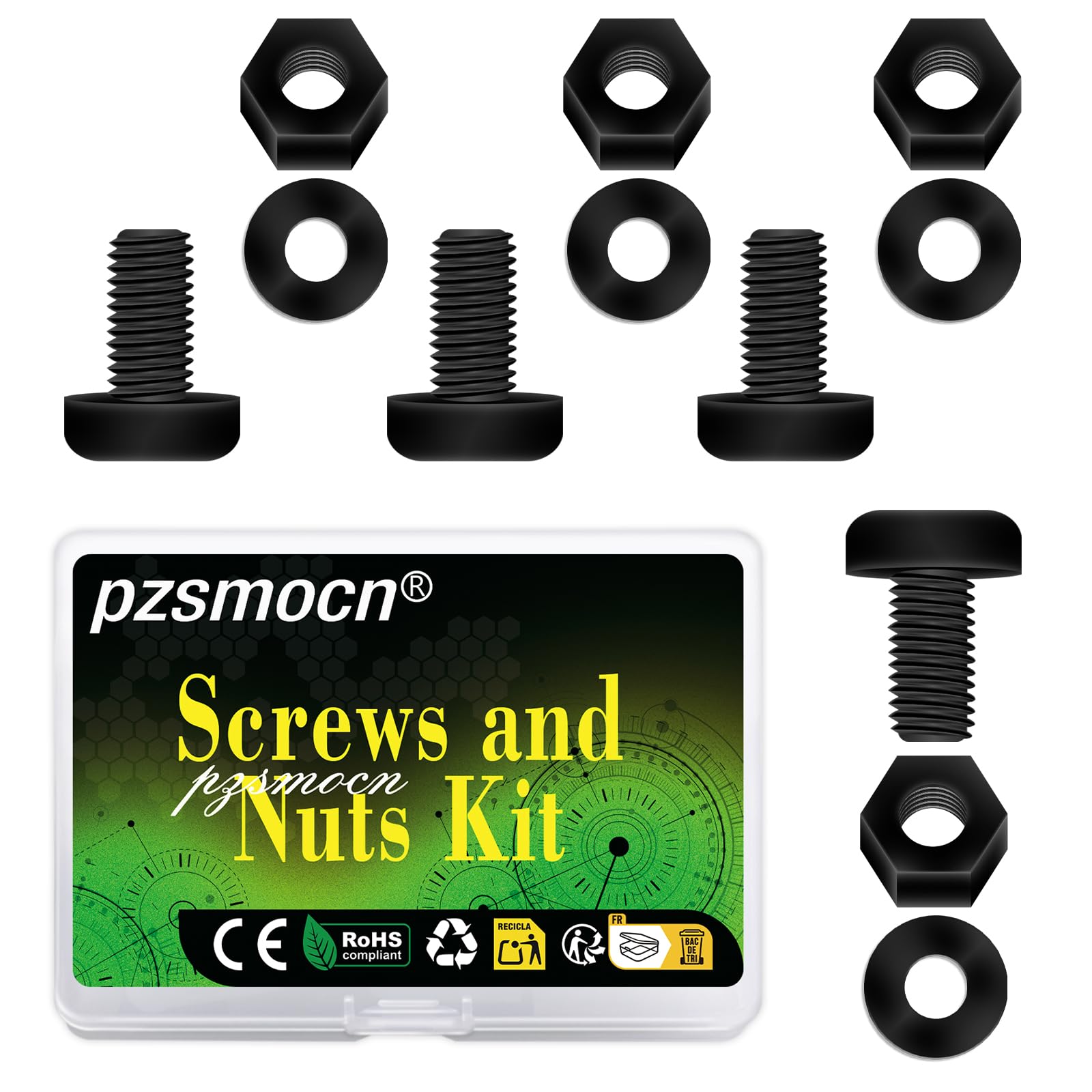Pzsmocn 300 Pieces/100 Sets M4*8 mm Plastic Black Nylon Cross Round Head Screw Hexagonal Nut Combination Kit, with Insulating Washers, Standard Size, For DIY and Electronic Assembly. — image 1