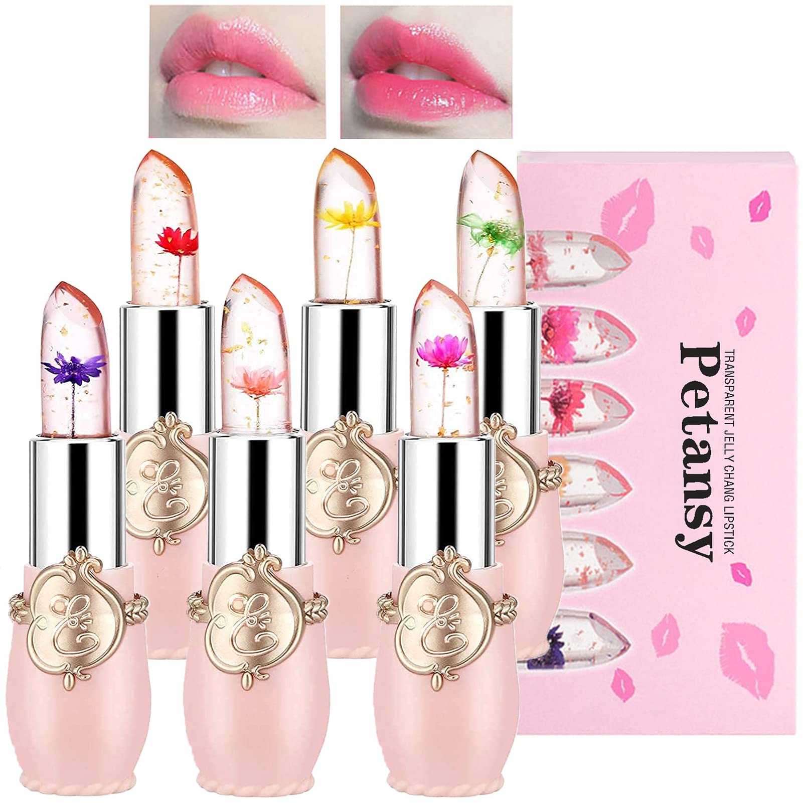 Petansy 6 Pack Crystal Jelly Flower Lipstick Set Nutritious Temperature Change Lip Balm Long Lasting Moisturizer Lip Gloss Magic Color Change Lip Stick Set