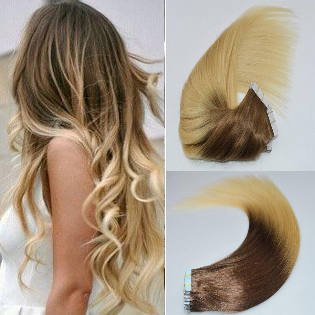 BeautyMiss 22" 40Pcs/100g Tape in Straight Human Remy Hair Color #6 Ash Brown And Color #613 Blonde Ombre Hair Extensions PU Tape in Hair Extensions